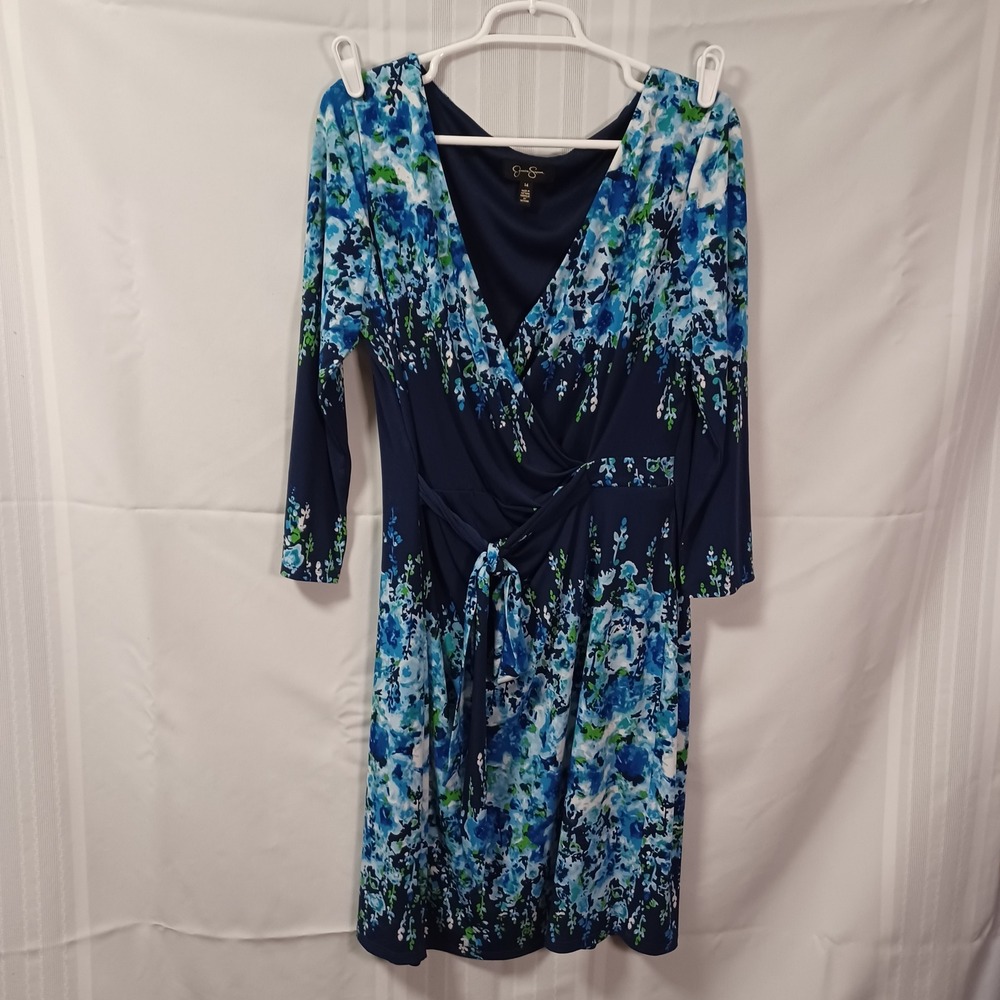 Jessica Simpson Dress Womens 14 Blue Floral Faux Wrap V-Neck JS5D7240 Jersey